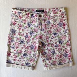 Tractor Youth Girl Shorts Size 14 White Floral Bermuda Button 7" Inseam